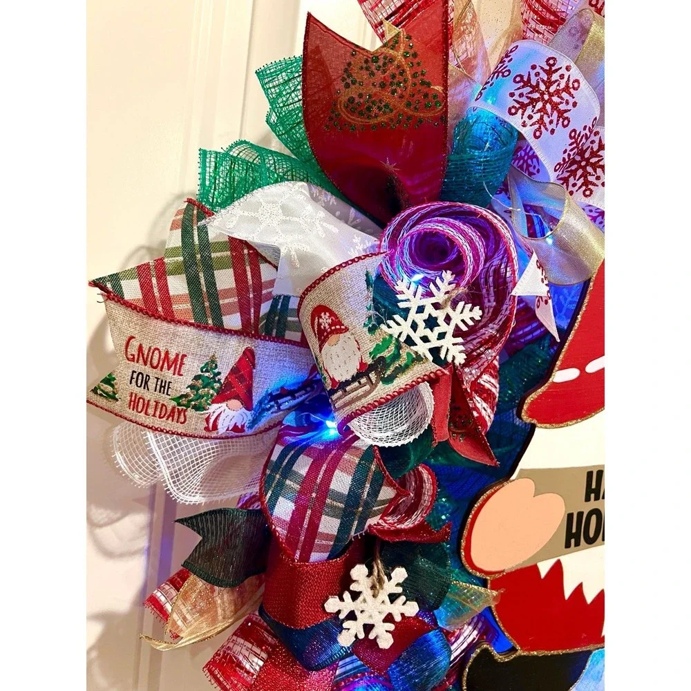 Christmas Snowflake Gnome Holiday Ribbon Door Wreath Handmade 22 ins LED W7